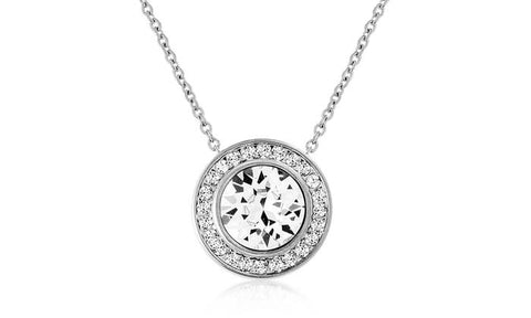Pave Halo Disc Necklace & Stud Earring With Austrian Crystals with Luxe Box - 18K White Gold ITALY Design
