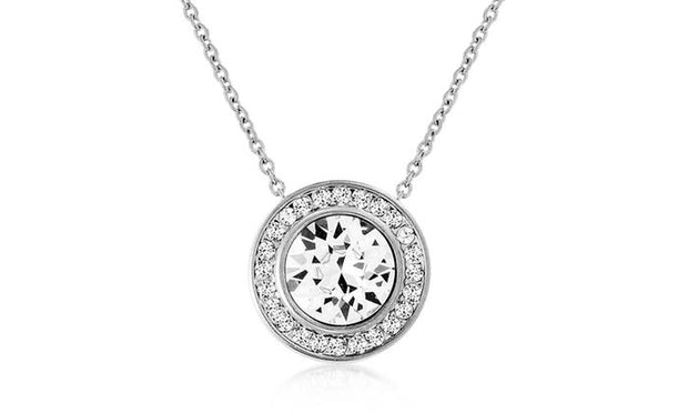 Pave Halo Disc Necklace & Stud Earring With Austrian Crystals with Luxe Box - 18K White Gold ITALY Design