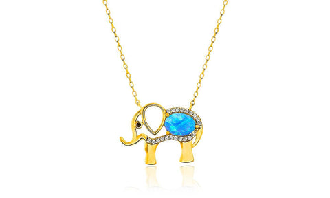 Opal Created Elephant Necklace with  Crystals 18" -  Gold