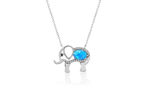 Opal Created Elephant Necklace with  Crystals 18" - White Gold