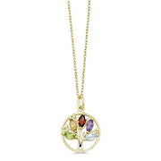 Iridescent Tree of Life Amethyst Crystal Disc Pendant Necklace in 14K White Gold Plating