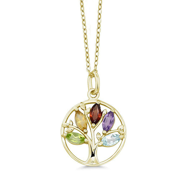 Iridescent Tree of Life Amethyst Crystal Disc Pendant Necklace in 14K White Gold Plating