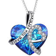 I LOVE YOU FOREVER Blue  Crystal Heart Necklace & Gift Box in 18K White Gold Plated