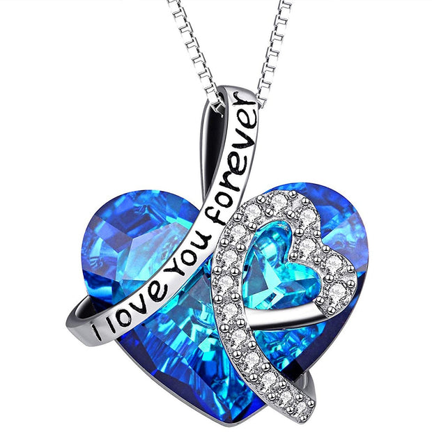 I LOVE YOU FOREVER Blue  Crystal Heart Necklace & Gift Box in 18K White Gold Plated