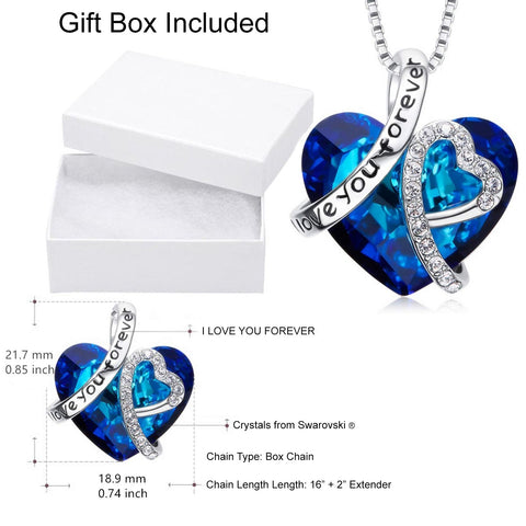 I LOVE YOU FOREVER Blue  Crystal Heart Necklace & Gift Box in 18K White Gold Plated