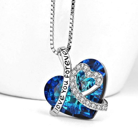 I LOVE YOU FOREVER Blue  Crystal Heart Necklace & Gift Box in 18K White Gold Plated