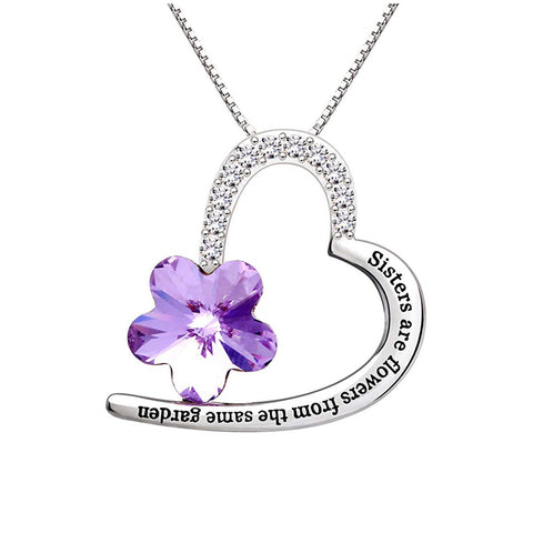 Sisters Amethyst Heart Necklace Embellished with  Crystals in 18K White Gold Plated