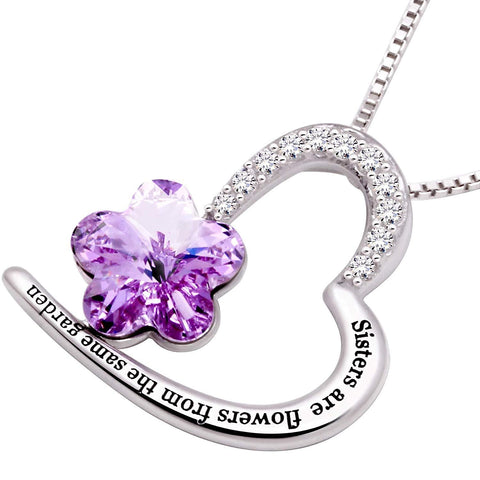 Sisters Amethyst Heart Necklace Embellished with  Crystals in 18K White Gold Plated