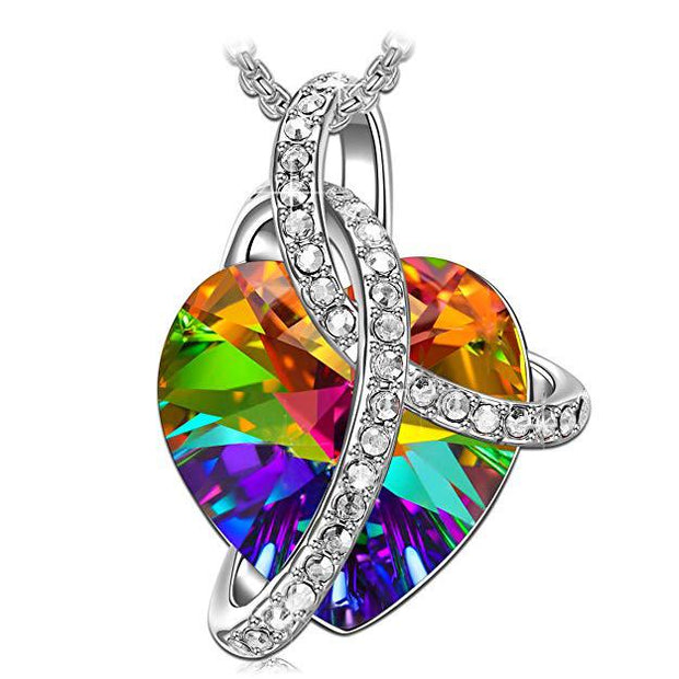 Rainbow Aurora Borealis Austrian Elements Heart Necklace in 18K White Gold ITALY Design  - ALILY