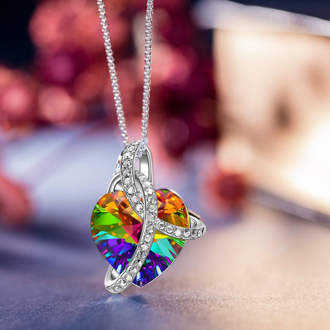 Rainbow Aurora Borealis Austrian Elements Heart Necklace in 18K White Gold ITALY Design  - ALILY
