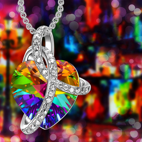 Rainbow Aurora Borealis Austrian Elements Heart Necklace in 18K White Gold ITALY Design  - ALILY