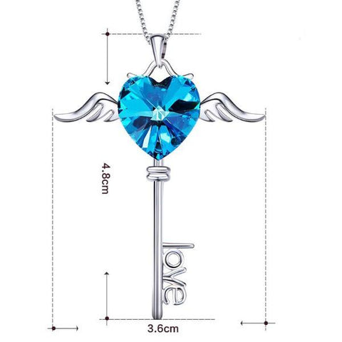 Heart Shaped Blue  Elements Dangling Key Necklace in 14K White Gold