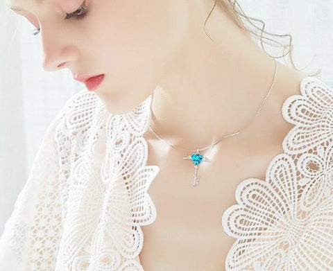 Heart Shaped Blue  Elements Dangling Key Necklace in 14K White Gold
