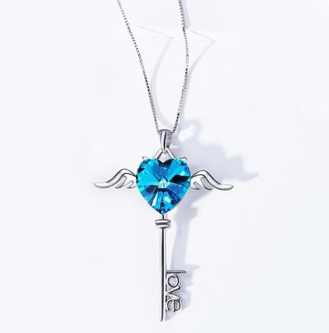 Heart Shaped Blue  Elements Dangling Key Necklace in 14K White Gold