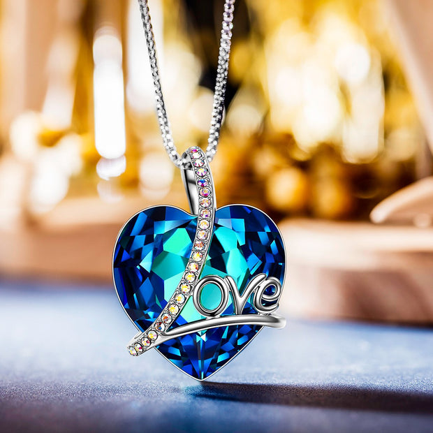 Classic Blue  Love Heart Necklace in 14K White Gold Plating