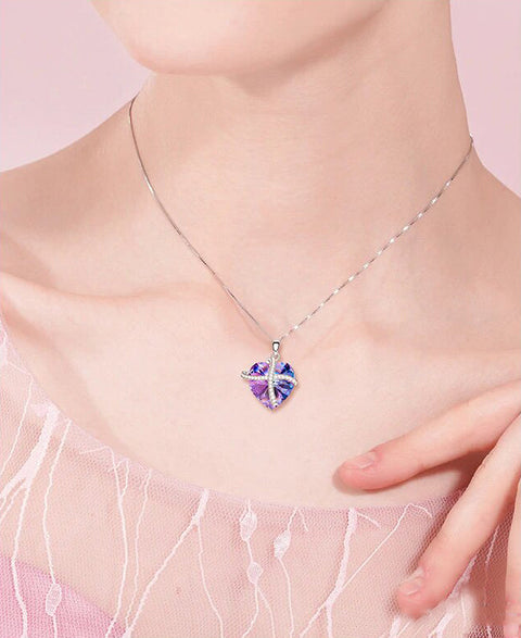 Iridescent Amethyst Gemstone Purple Passion Pave Heart Ribbon Necklace + Stud Earring Set