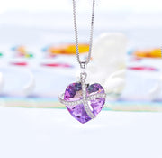 Iridescent Amethyst Gemstone Purple Passion Pave Heart Ribbon Necklace + Stud Earring Set