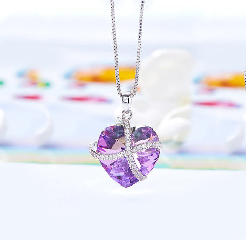 Iridescent Amethyst Gemstone Purple Passion Pave Heart Ribbon Necklace + Stud Earring Set