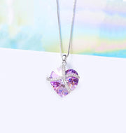Iridescent Amethyst Gemstone Purple Passion Pave Heart Ribbon Necklace + Stud Earring Set