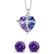 Iridescent Amethyst Gemstone Purple Passion Pave Heart Ribbon Necklace + Stud Earring Set
