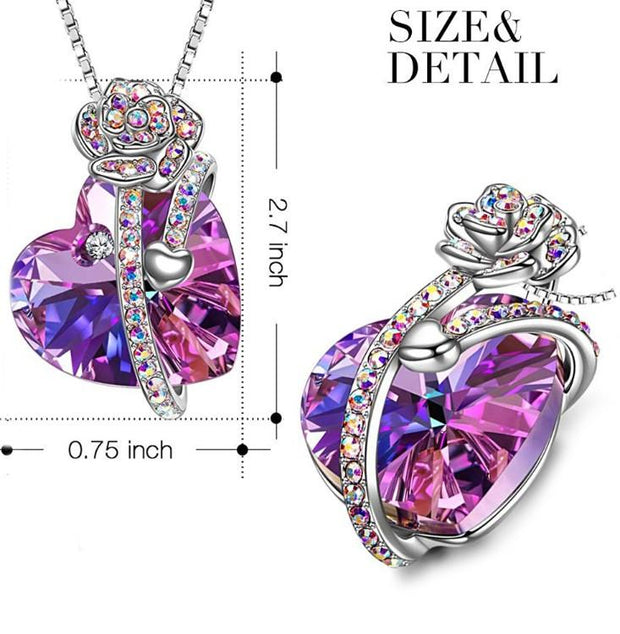 Iridescent Amethyst Gemstone Crystal Rose Heart Necklace in 14K White Gold Plated