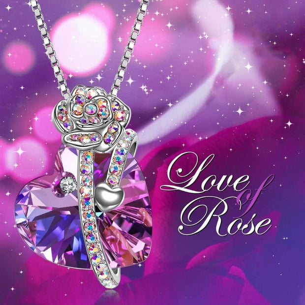 Iridescent Amethyst Gemstone Crystal Rose Heart Necklace in 14K White Gold Plated