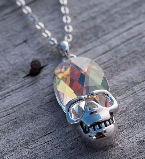 Aurora Borealis Skull Pendant Necklace in 14K White Gold Plating Illuminating