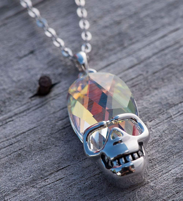 Aurora Borealis Skull Pendant Necklace in 14K White Gold Plating Illuminating