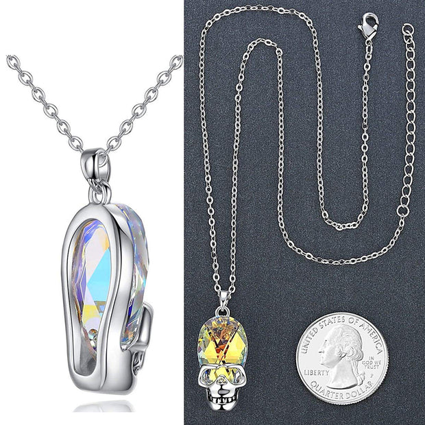 Aurora Borealis Skull Pendant Necklace in 14K White Gold Plating Illuminating