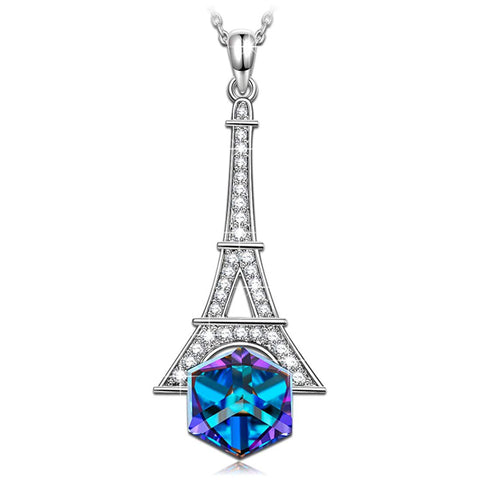 Eiffel Tower Blue Cubed Pendant Necklace in 14K Gold Plating
