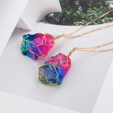 Rainbow Mineral Quartz Pendant Necklace in 14K Gold Plating