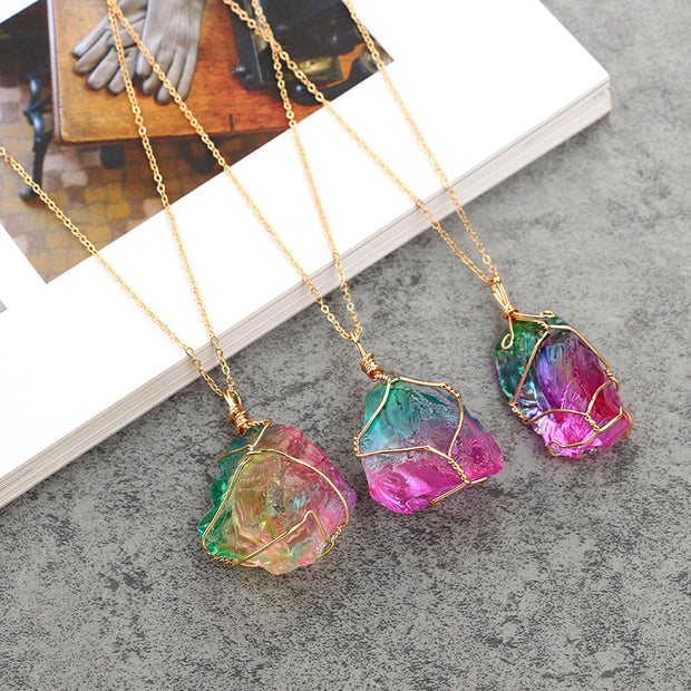 Rainbow Mineral Quartz Pendant Necklace in 14K Gold Plating