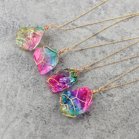 Rainbow Mineral Quartz Pendant Necklace in 14K Gold Plating