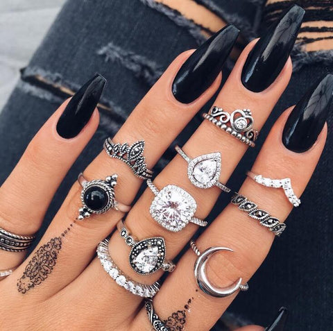 Black & White 11 Piece Bohemian Ring Set