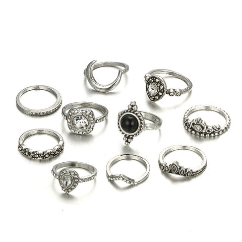 Black & White 11 Piece Bohemian Ring Set