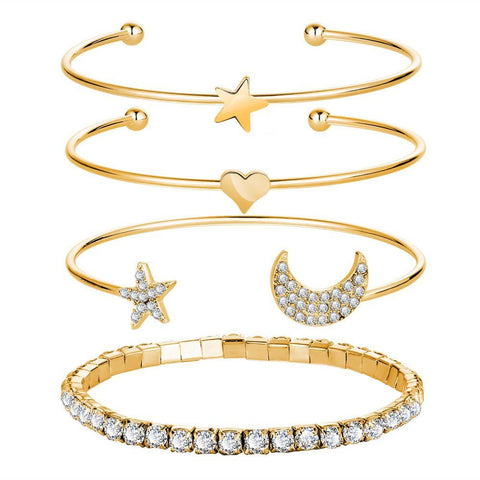 4 Piece Celestial Bangle Set With  Crystals 18K Gold Plated Bracelet ITALY Design