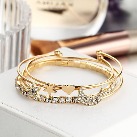 4 Piece Celestial Bangle Set With  Crystals 18K Gold Plated Bracelet ITALY Design