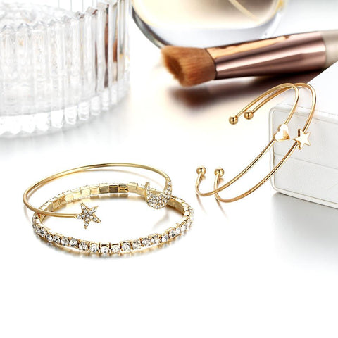 4 Piece Celestial Bangle Set With  Crystals 18K Gold Plated Bracelet ITALY Design