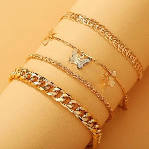4 Piece Chain and Butterfly Bracelet Set 18K Gold Plated Bracelet ITALY Design