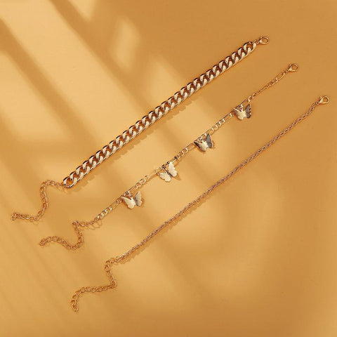 3 Piece Chain and Butterfly Bracelet Set 18K Gold Plated Bracelet ITALY Design