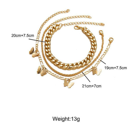 3 Piece Chain and Butterfly Bracelet Set 18K Gold Plated Bracelet ITALY Design