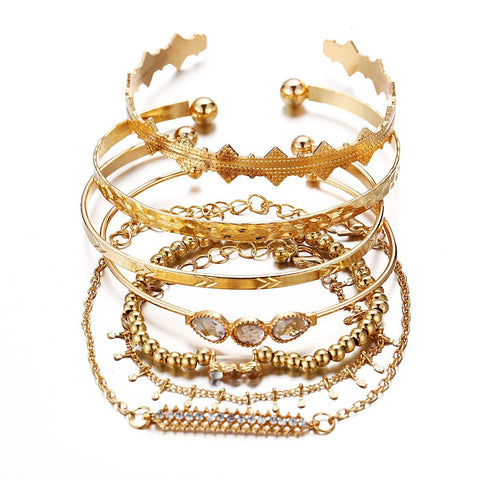 7 Piece Geometric Bangle Set With Austrian Crystals 18K Gold Plated Bracelet ITALY Design