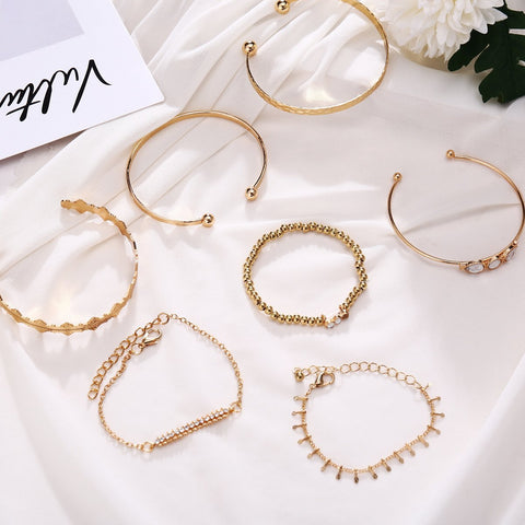 7 Piece Geometric Bangle Set With Austrian Crystals 18K Gold Plated Bracelet ITALY Design