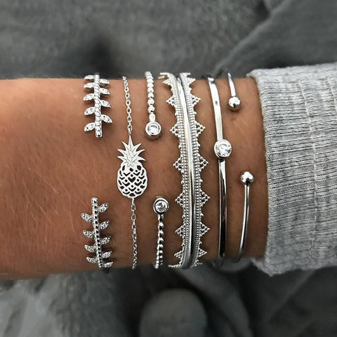 6 Piece Geometric Bangle Set With Austrian Crystals 18K White Gold Plated Bracelet ITALY Design