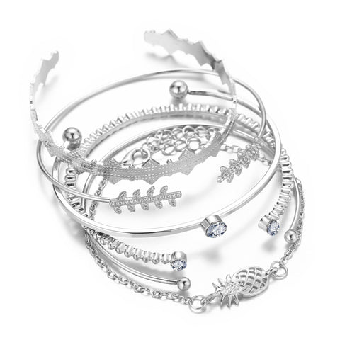 6 Piece Geometric Bangle Set With Austrian Crystals 18K White Gold Plated Bracelet ITALY Design