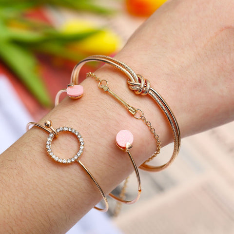 4 Piece Pink Bracelet Set With  Crystals 18K Gold Plated Bracelet ITALY Design