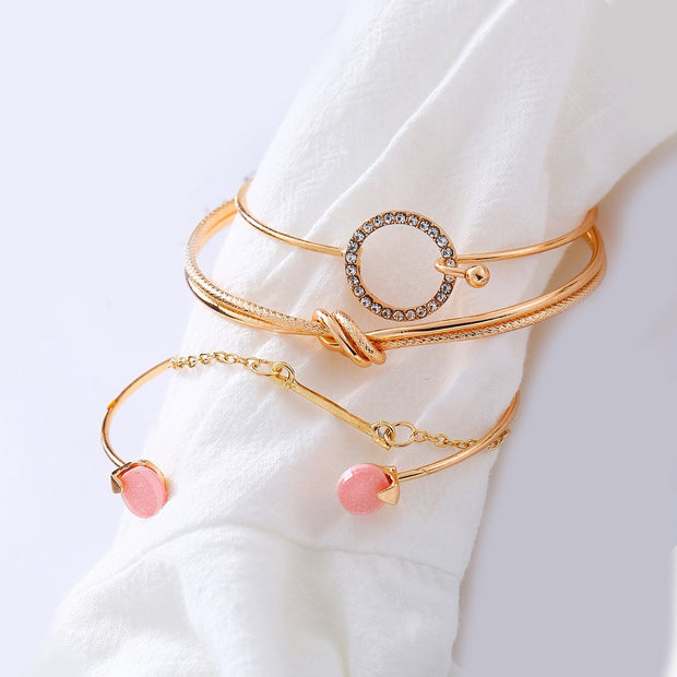 4 Piece Pink Bracelet Set With  Crystals 18K Gold Plated Bracelet ITALY Design