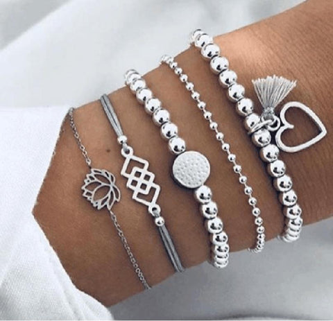 5 Piece Gray Tassell Bracelet Set 18K White Gold Plated Bracelet ITALY Design