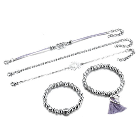 5 Piece Gray Tassell Bracelet Set 18K White Gold Plated Bracelet ITALY Design