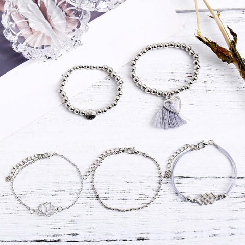 5 Piece Gray Tassell Bracelet Set 18K White Gold Plated Bracelet ITALY Design